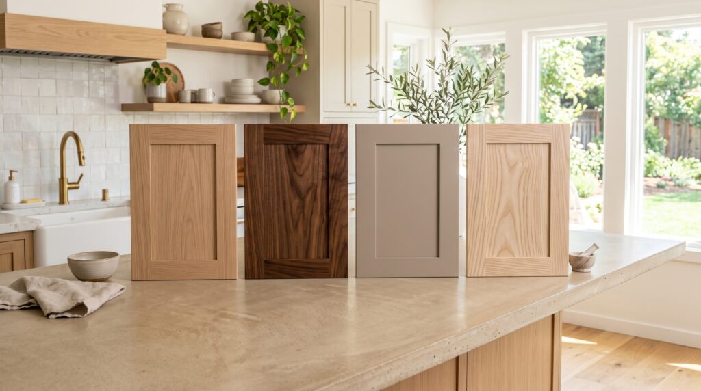 Organic Modern Kitchen Ideas with Natural Materials White oak, walnut, painted taupe and ash cabinet door samples shown side by side in a bright organic modern kitchen