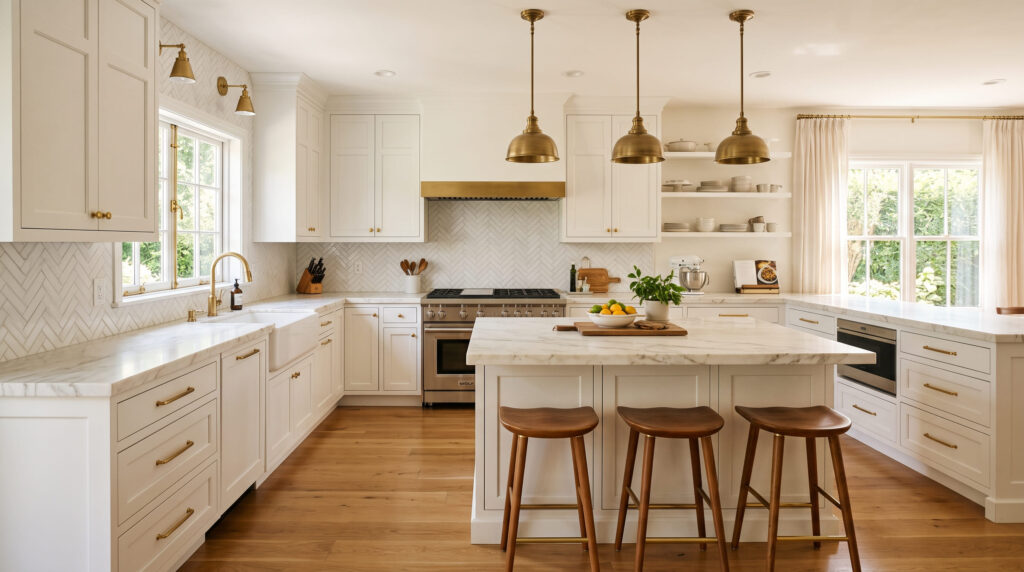 White and Gold Kitchen Ideas for a Warm Luxury Look White shaker kitchen with brushed brass hardware and a marble countertop, warm natural daylight, wide-angle interior photography.