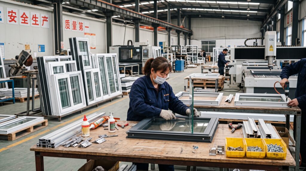 How to Buy Windows From China Complete Guide for Project Buyers Worker in a window manufacturing workshop carefully instills a glass panel into a window frame at a workbench filled with tools and components
