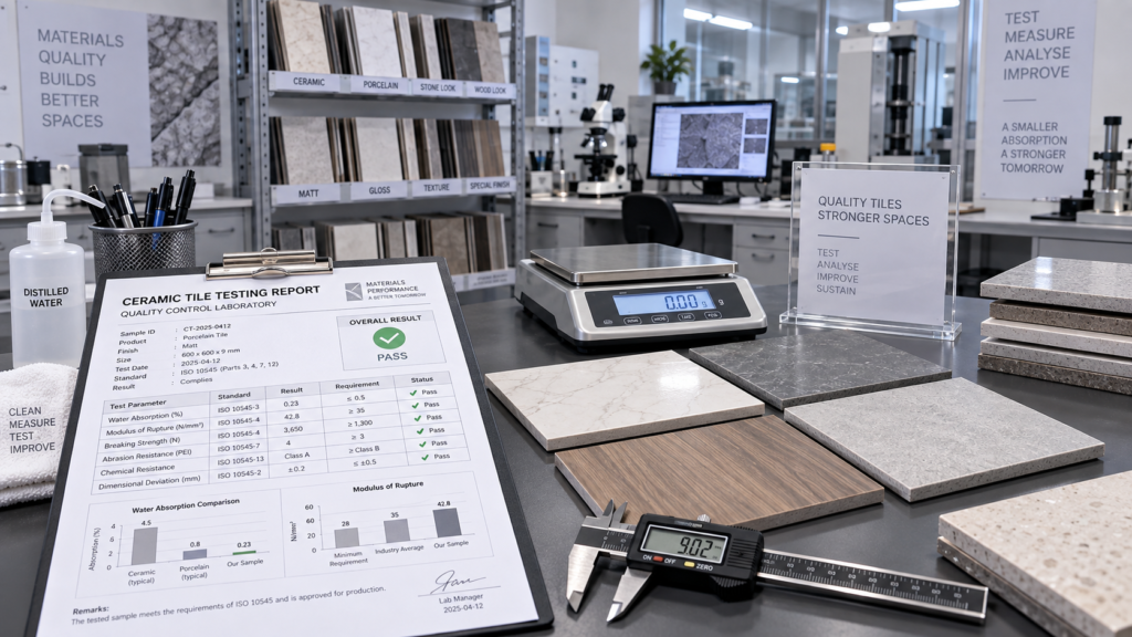 Ceramic tile laboratory report beside test samples and quality inspection equipment