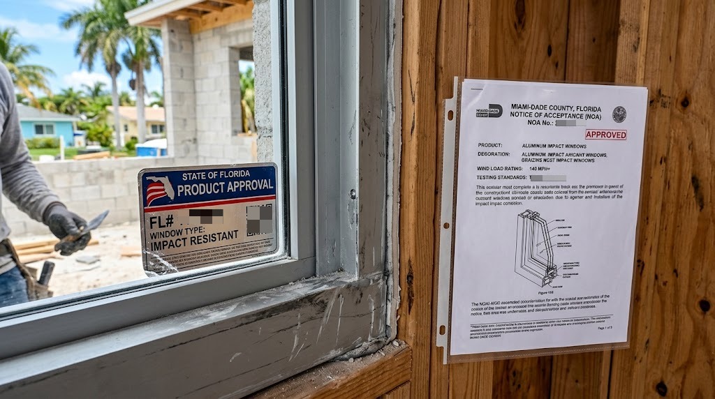 25 Florida Window Manufacturers to Compare in 2026 Close-up of Florida Product Approval and Miami-Dade NOA documentation for an impact window.