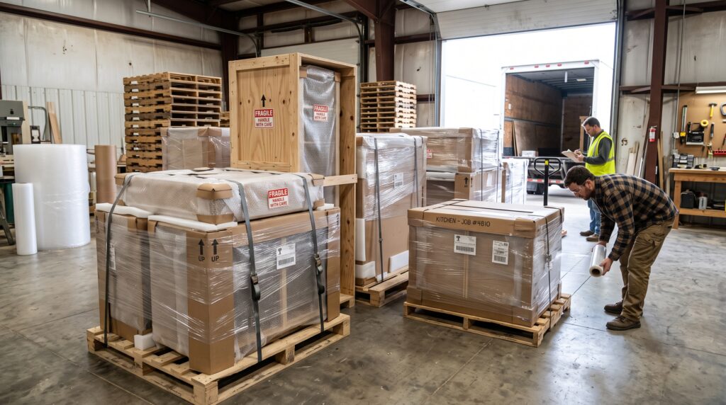 Sage Green Kitchen Cabinets: Colors, Styles & Design Ideas Custom kitchen cabinets carefully packed for shipping and delivery