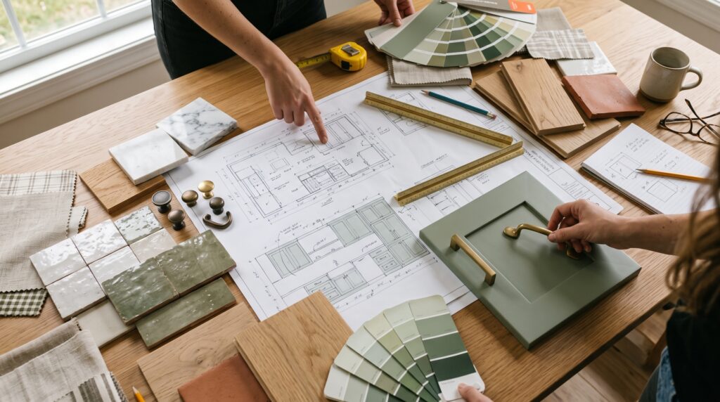 Sage Green Kitchen Cabinets: Colors, Styles & Design Ideas Custom sage green kitchen planning scene with layout drawings, finish samples and material selections