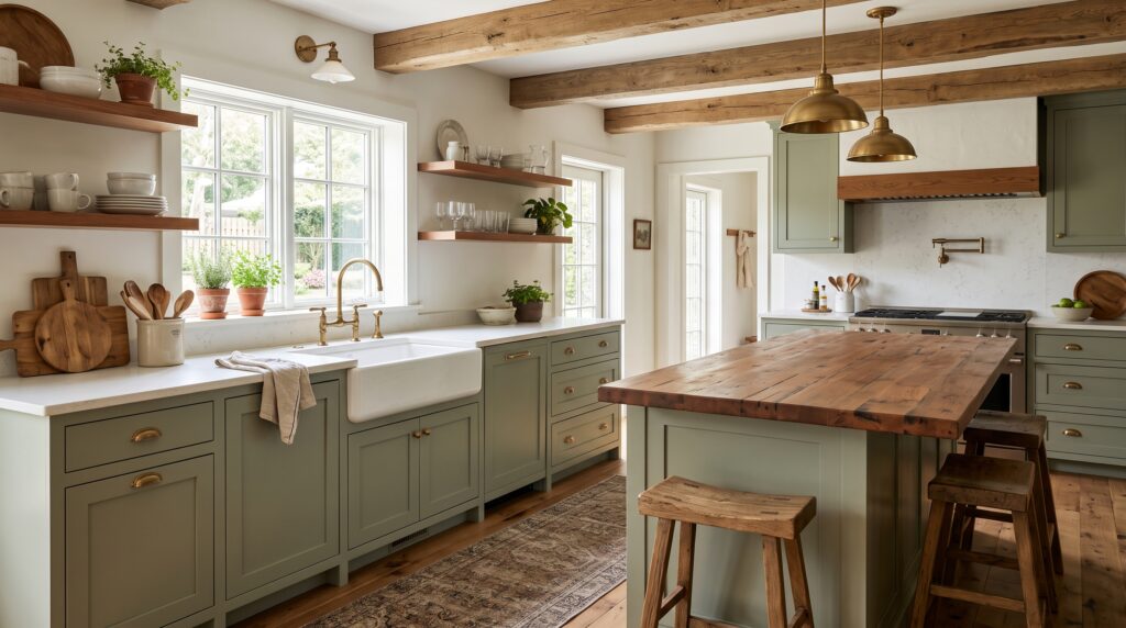 Sage Green Kitchen Cabinets: Colors, Styles & Design Ideas Farmhouse kitchen with sage green Shaker cabinets, apron-front sink and warm wood accents