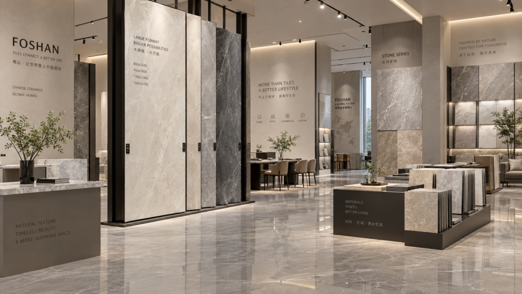 Foshan tile showroom displaying large-format porcelain slabs and wall tiles in neutral tones