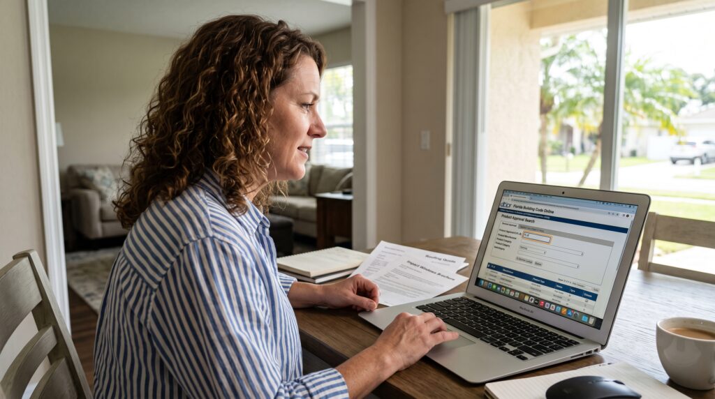 25 Florida Window Manufacturers to Compare in 2026 Homeowner checking a Florida Product Approval record online.