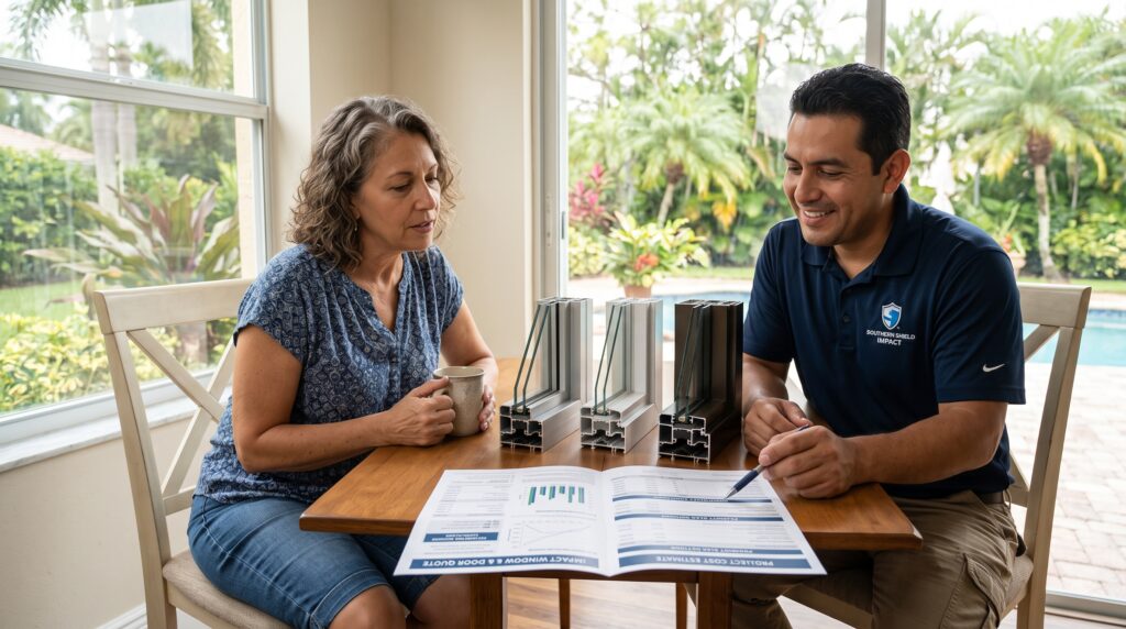 25 Florida Window Manufacturers to Compare in 2026 Homeowner reviewing an impact window quote and warranty details with a contractor.