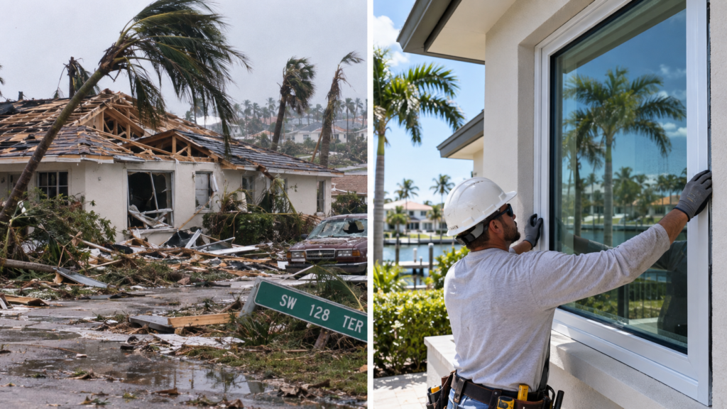 25 Florida Window Manufacturers to Compare in 2026 Hurricane Andrew damage shown beside a modern impact window installation in South Florida.