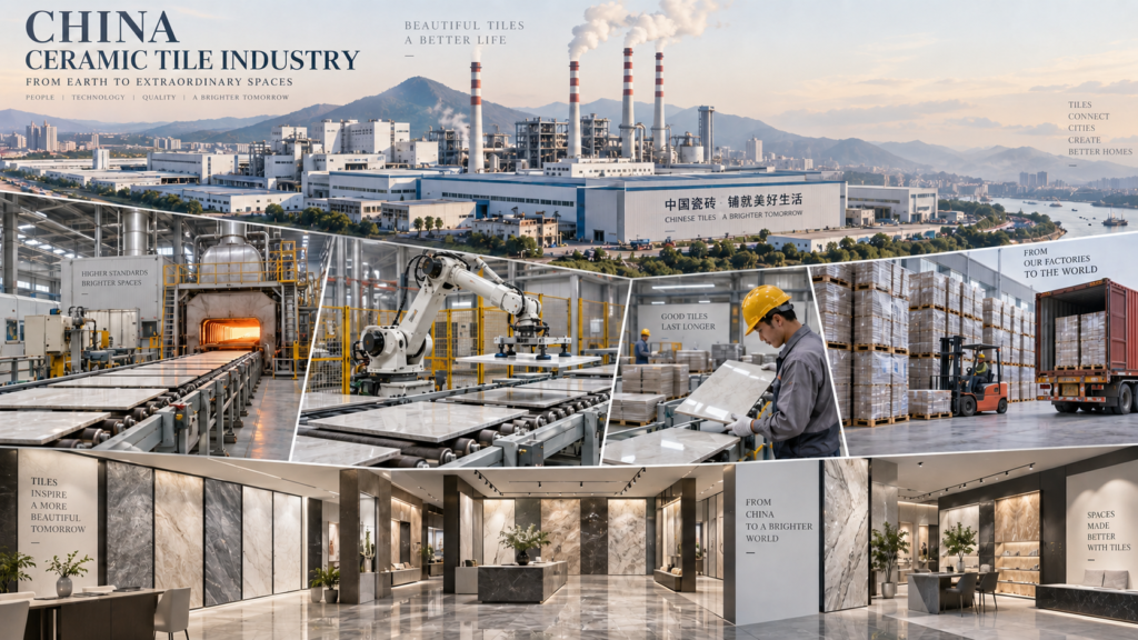 Industrial collage showing ceramic tile factories, showrooms and production facilities representing major tile manufacturing regions in China