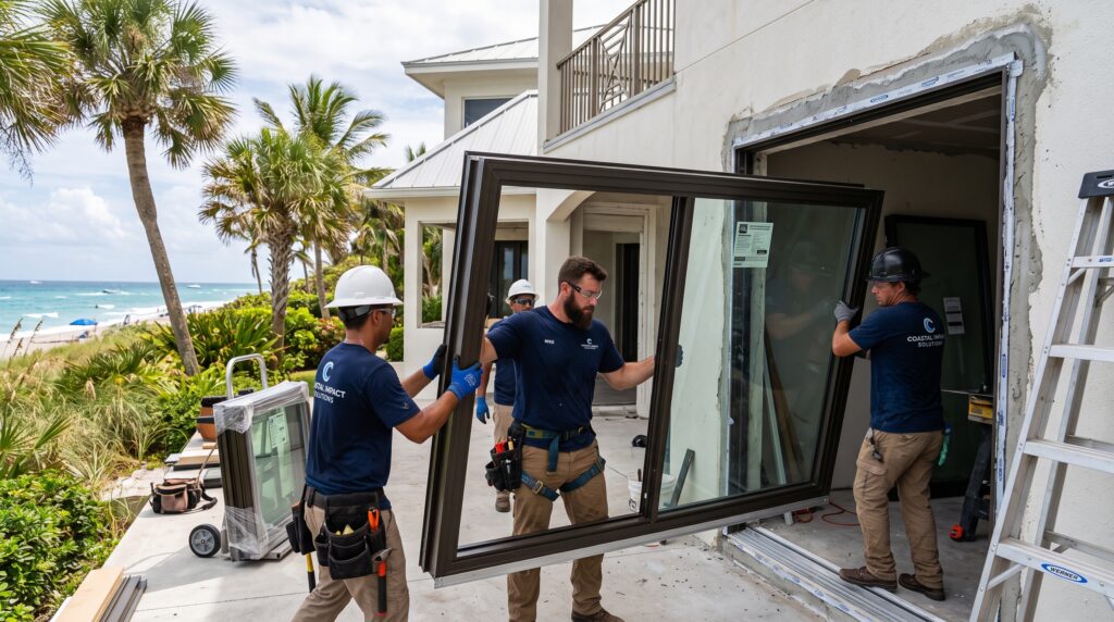 25 Florida Window Manufacturers to Compare in 2026 Installation crew fitting an aluminum impact window into a coastal Florida home.