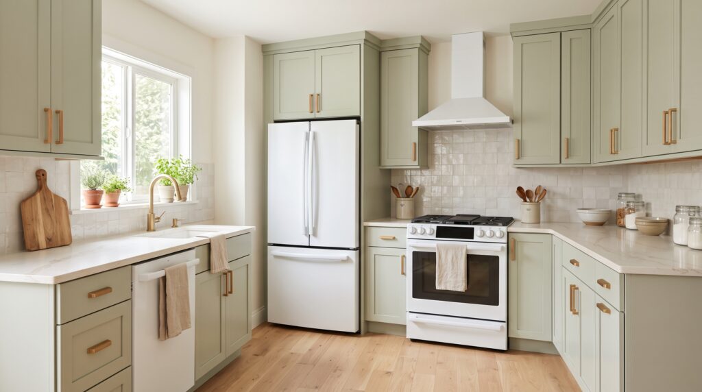 Sage Green Kitchen Cabinets: Colors, Styles & Design Ideas Light sage green kitchen cabinets matched with clean white appliances and soft neutral finishes