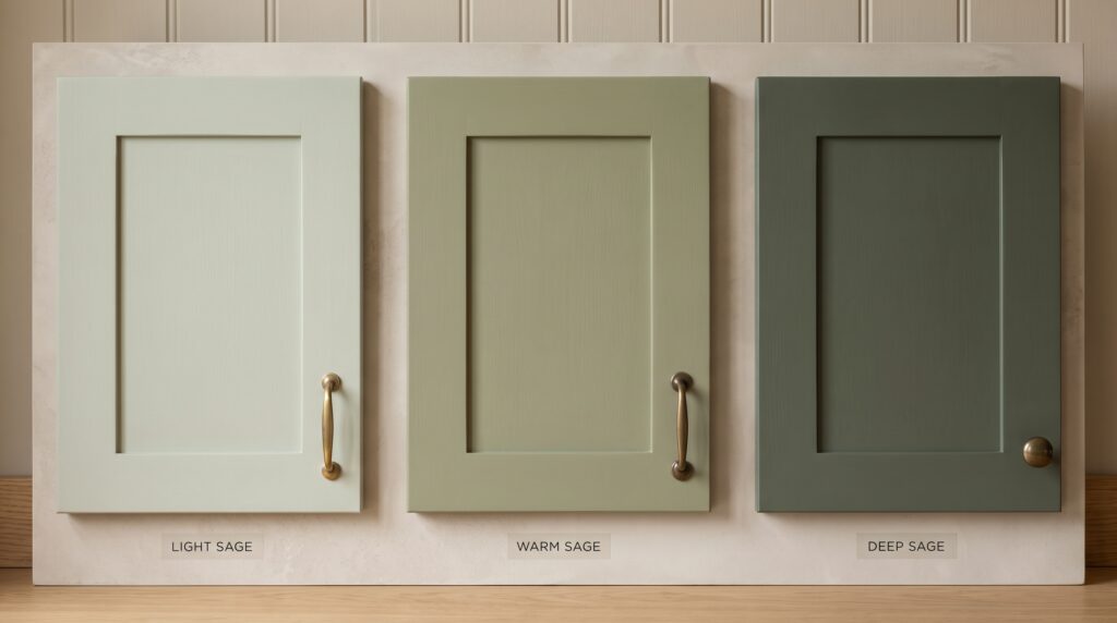 Sage Green Kitchen Cabinets: Colors, Styles & Design Ideas Light, warm and deep sage green cabinet shades displayed side by side