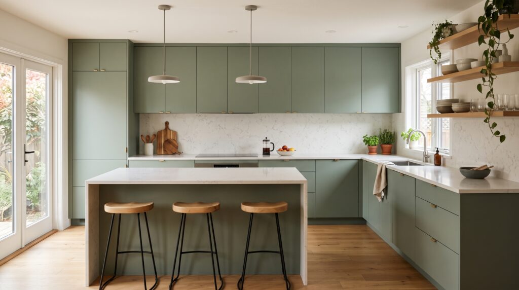 Sage Green Kitchen Cabinets: Colors, Styles & Design Ideas Modern kitchen with flat-panel sage green cabinets, minimal hardware and clean contemporary lines
