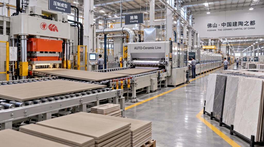 Modern tile factory in Foshan with automated ceramic pressing, glazing and production lines