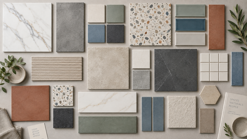 Overhead layout of ceramic and porcelain tile samples in different sizes, colours and finishes