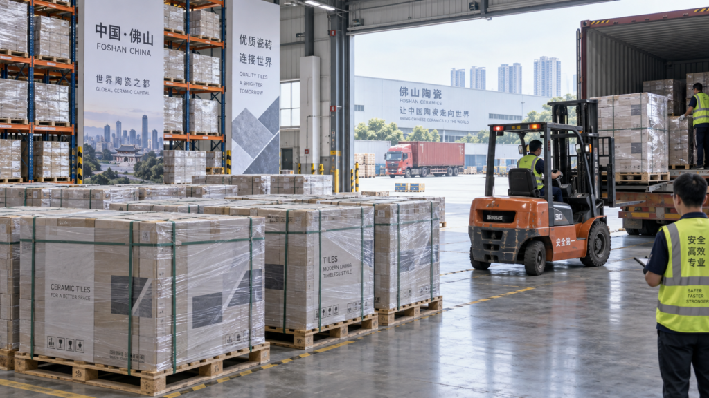 Pallets of boxed ceramic tiles in a Foshan warehouse beside a container loading area and forklift