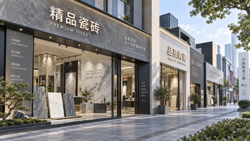 Row of ceramic tile showrooms in Foshan with contemporary façades and tile displays
