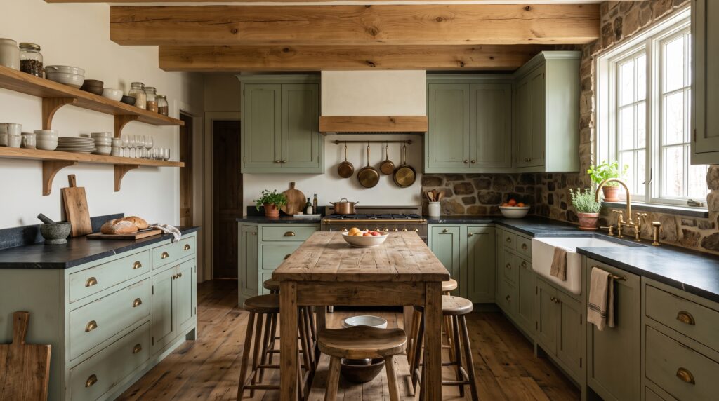 Sage Green Kitchen Cabinets: Colors, Styles & Design Ideas Rustic kitchen with sage green cabinets, natural wood, stone surfaces and aged brass details