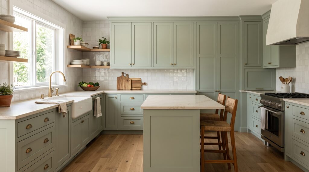 Sage Green Kitchen Cabinets: Colors, Styles & Design Ideas Sage green Shaker kitchen cabinets with clean lines, simple hardware and a timeless look