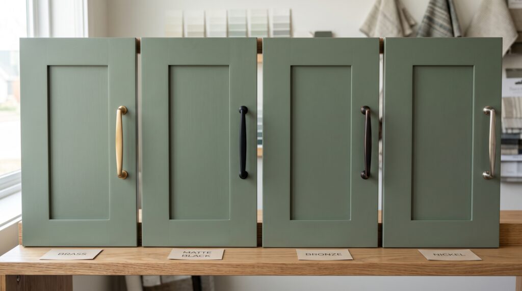 Sage Green Kitchen Cabinets: Colors, Styles & Design Ideas Sage green cabinet doors styled with brass, matte black, bronze and nickel hardware