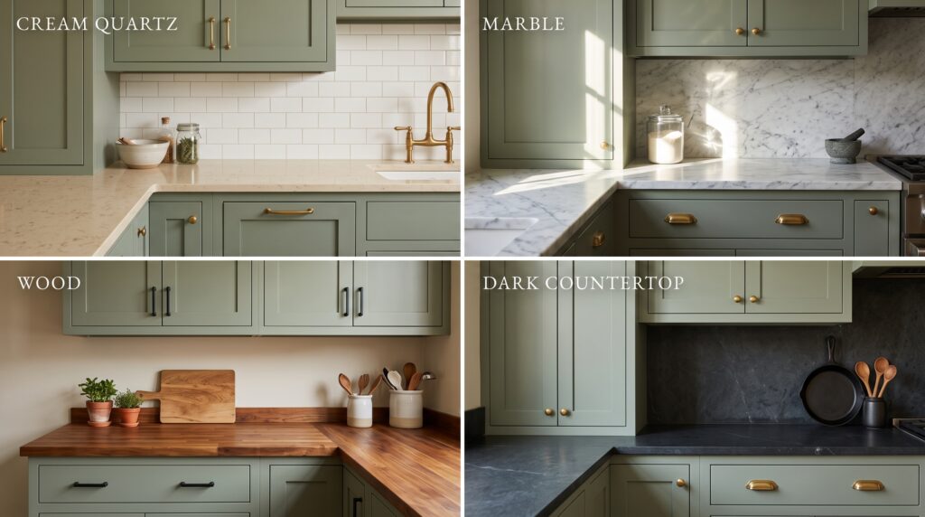 Sage Green Kitchen Cabinets: Colors, Styles & Design Ideas Sage green cabinets paired with cream quartz, marble, wood and dark countertop options