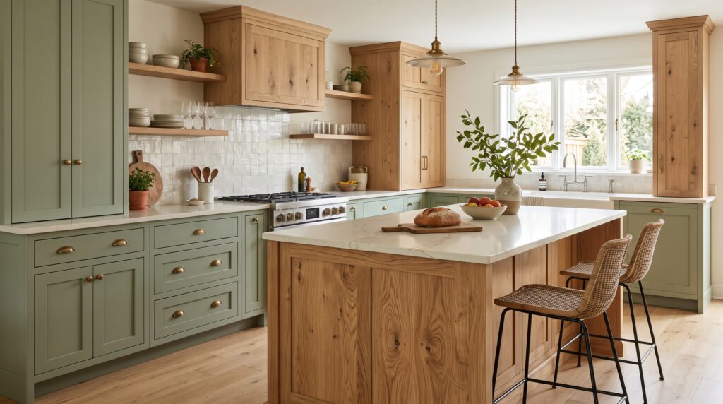Sage Green Kitchen Cabinets: Colors, Styles & Design Ideas Sage green kitchen cabinets combined with natural oak and visible wood grain details