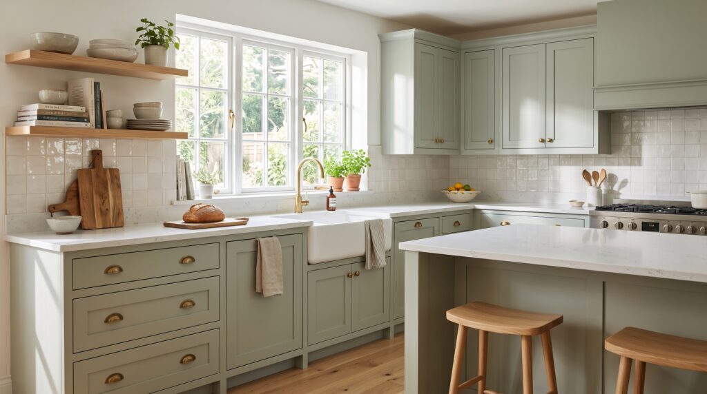 Sage Green Kitchen Cabinets: Colors, Styles & Design Ideas Sage green kitchen cabinets in a soft gray-green tone, styled in a bright and balanced kitchen