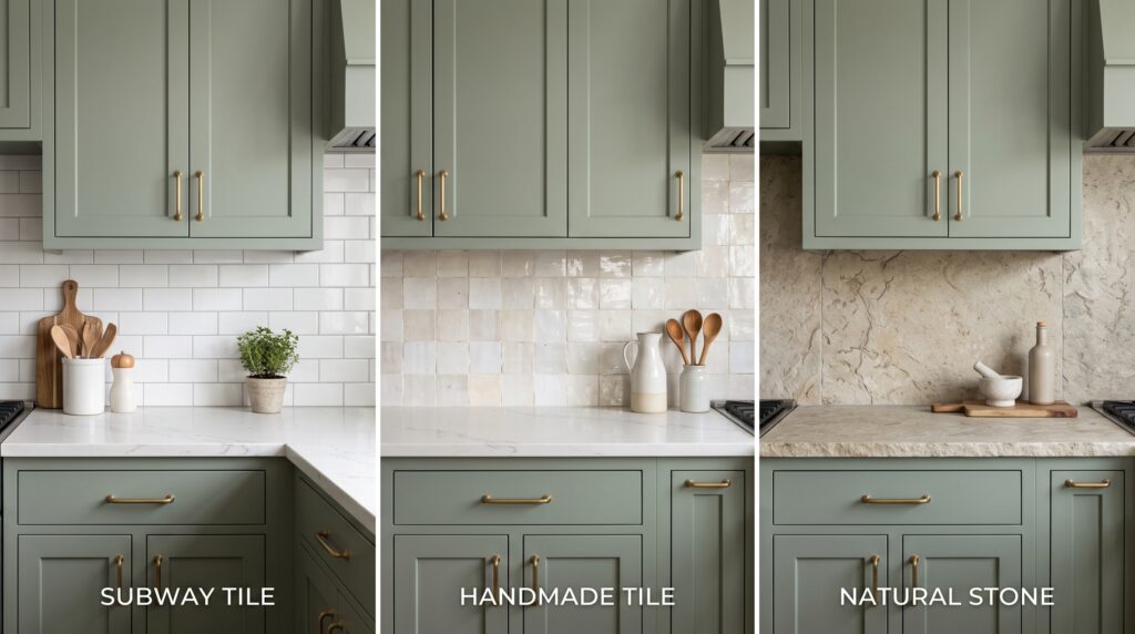 Sage Green Kitchen Cabinets: Colors, Styles & Design Ideas Sage green kitchen cabinets with subway tile, handmade-look tile and stone backsplash ideas
