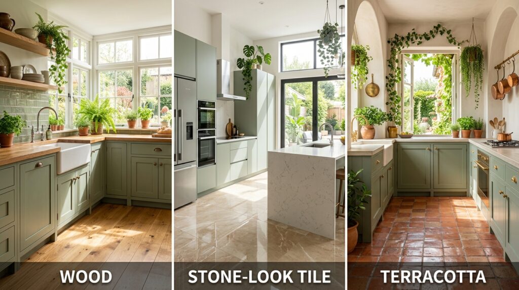 Sage Green Kitchen Cabinets: Colors, Styles & Design Ideas Sage green kitchen with wood, stone-look tile and terracotta flooring options