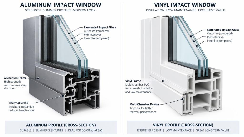 25 Florida Window Manufacturers to Compare in 2026 Side-by-side comparison of aluminum and vinyl impact window profiles.