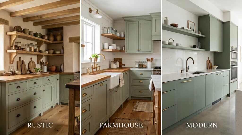 Sage Green Kitchen Cabinets: Colors, Styles & Design Ideas Side-by-side comparison of rustic, farmhouse and modern sage green kitchen styles