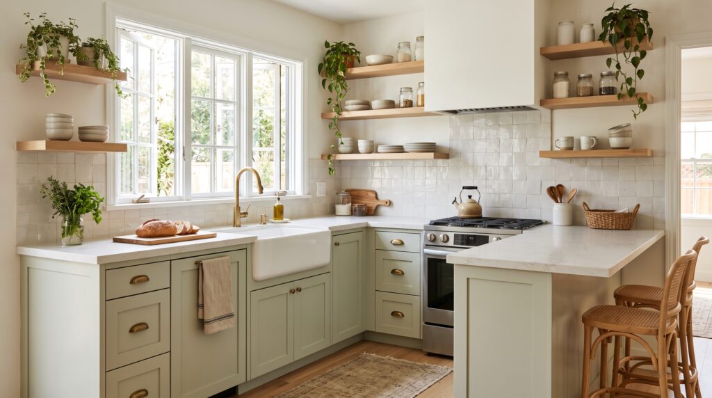 Sage Green Kitchen Cabinets: Colors, Styles & Design Ideas Small kitchen with light sage green cabinets, pale countertops and an airy layout
