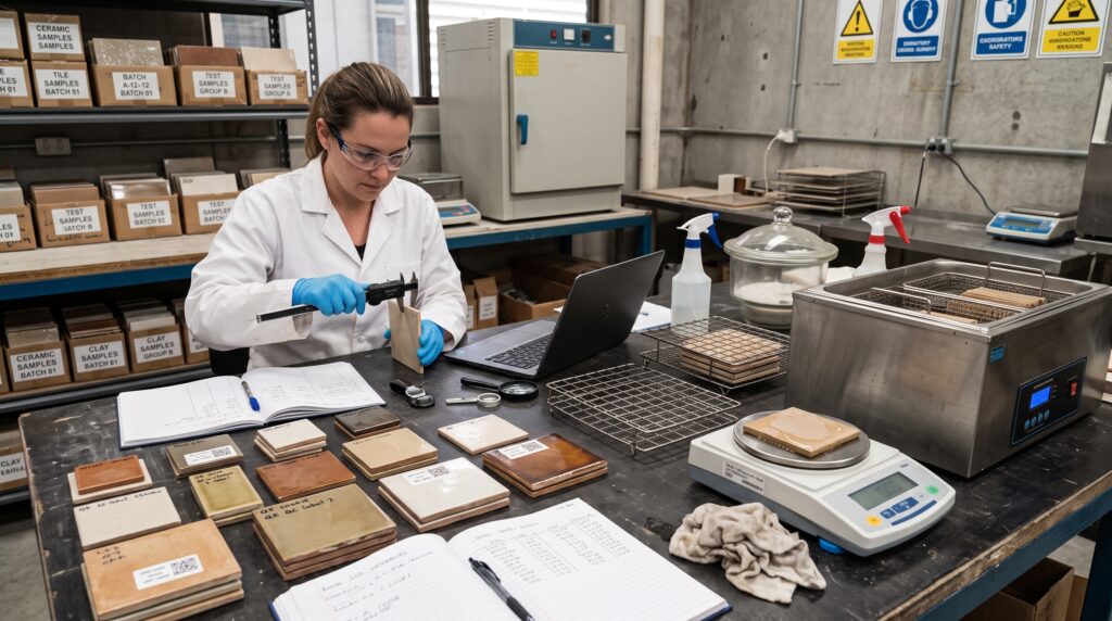 Tile quality inspection with callipers, ceramic samples and a laboratory water absorption test