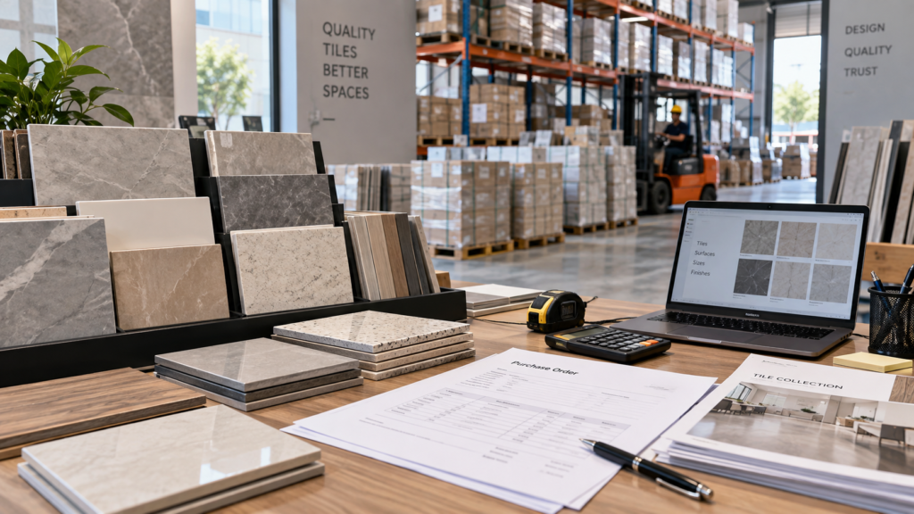 Tile samples and order documents on a sourcing desk with warehouse shelving in the background