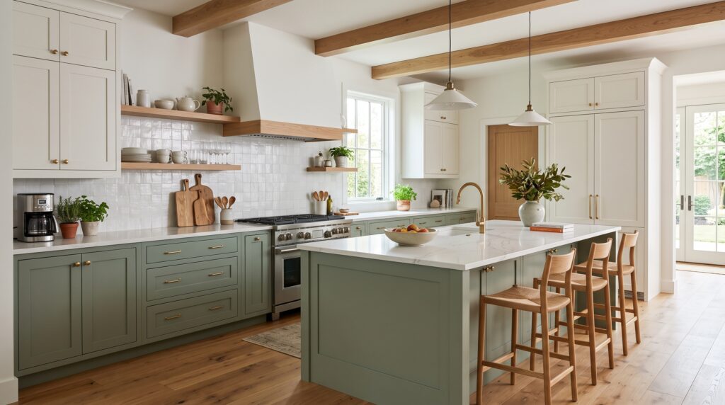 Sage Green Kitchen Cabinets: Colors, Styles & Design Ideas Two-tone kitchen with sage green cabinets, white cabinetry and natural wood accents