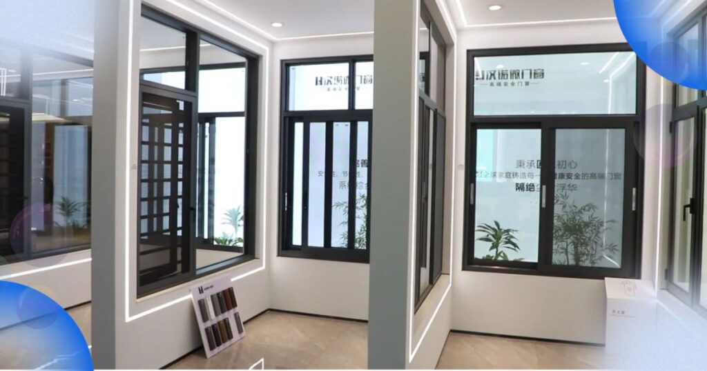 Aluminium profiles, window hardware and an assembled window displayed in a Chinese factory showroom