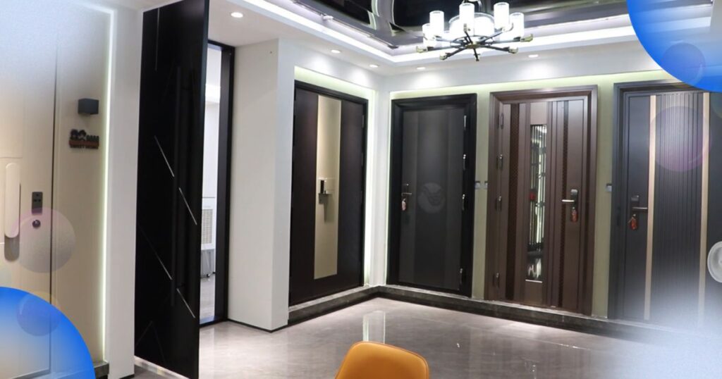 Different aluminium window systems and steel entrance doors displayed side by side in a Chinese showroom