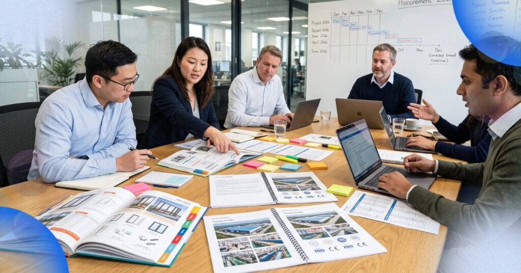 Procurement team reviewing Chinese window manufacturers’ catalogues and factory information at a meeting table