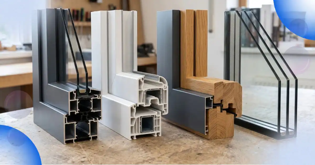 Vinyl, fiberglass, wood and aluminum window frame samples