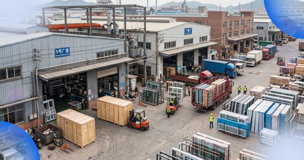 Window and door factories in a Foshan industrial park, with loading=
