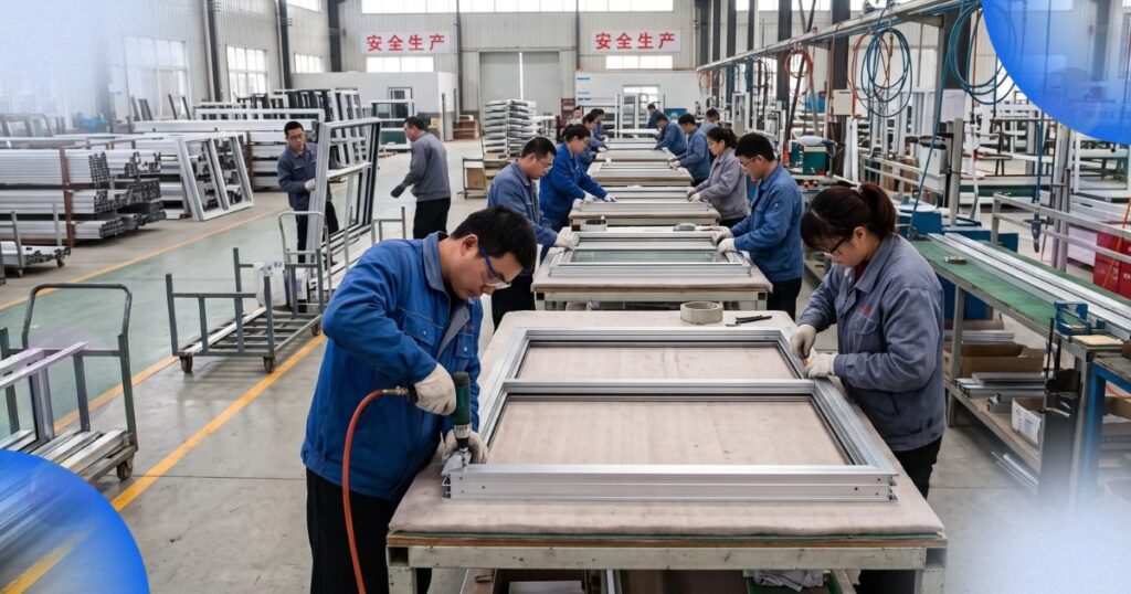 Workers assembling aluminium window frames on a Chinese factory production line